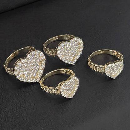 10k Gold White Stone CZ Heart Ring, Rolly Style Band, Presidential Link Ring, Promise Heart Ring