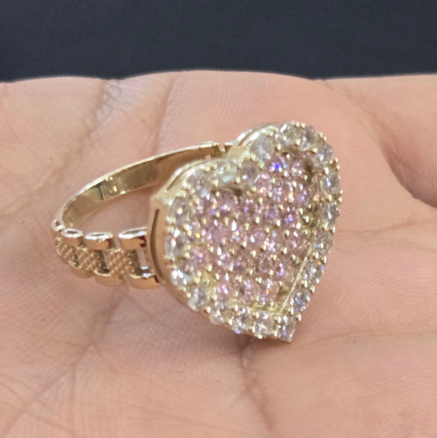 10k Gold Pink Stone CZ Heart Ring, Gold Heart Band, Presidential Link Ring, Promise Heart Ring