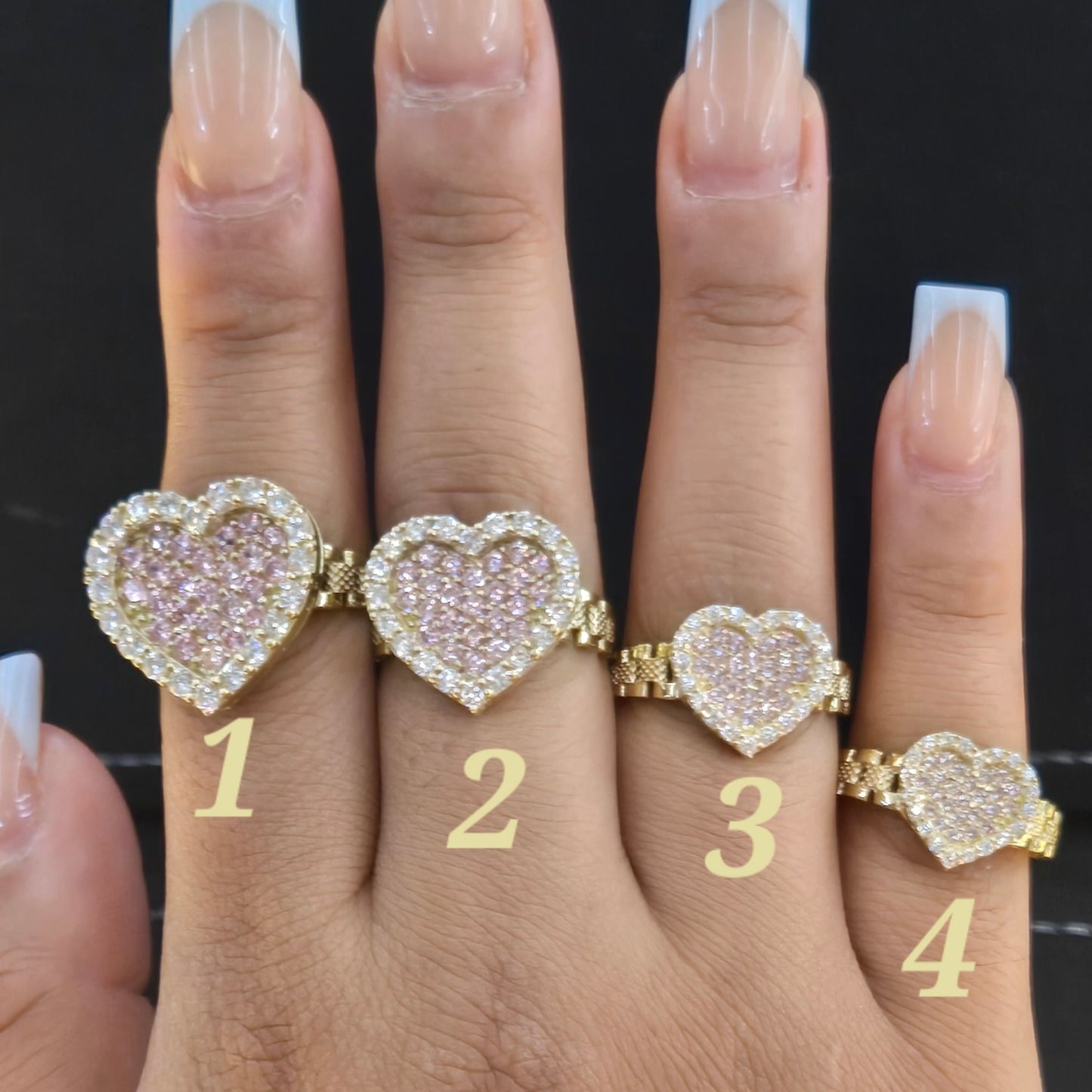 10k Gold Pink Stone CZ Heart Ring, Gold Heart Band, Presidential Link Ring, Promise Heart Ring