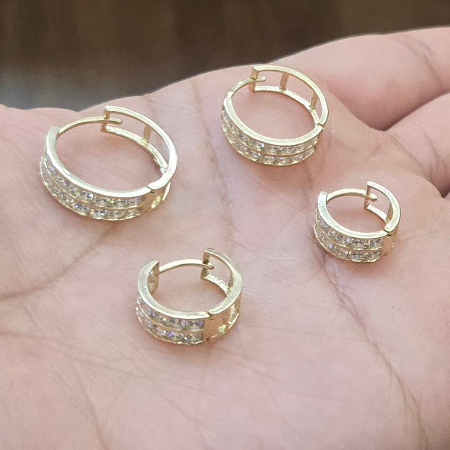 14k Gold Double CZ Stone Hoops, Gold Fancy Hoop Earrings, Small Gold Hoop Earrings, Women's Hoop Earring, Continuous Hoop Earring, Simple Cute Hoops for Kids and Teenagers