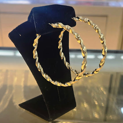 14k Gold Twisted Diamond Cut Hoop Earrings