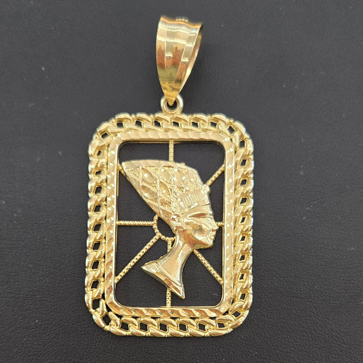 10k Gold Nefertiti Rectangle Pendant, Nefertiti Charm, Gold Egyptian Queen Pendant, Large Nefertiti Necklace Pendant