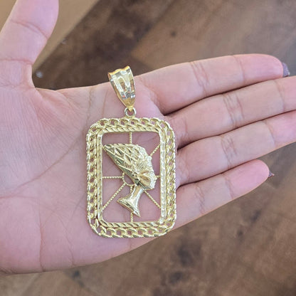 10k Gold Nefertiti Rectangle Pendant, Nefertiti Charm, Gold Egyptian Queen Pendant, Large Nefertiti Necklace Pendant