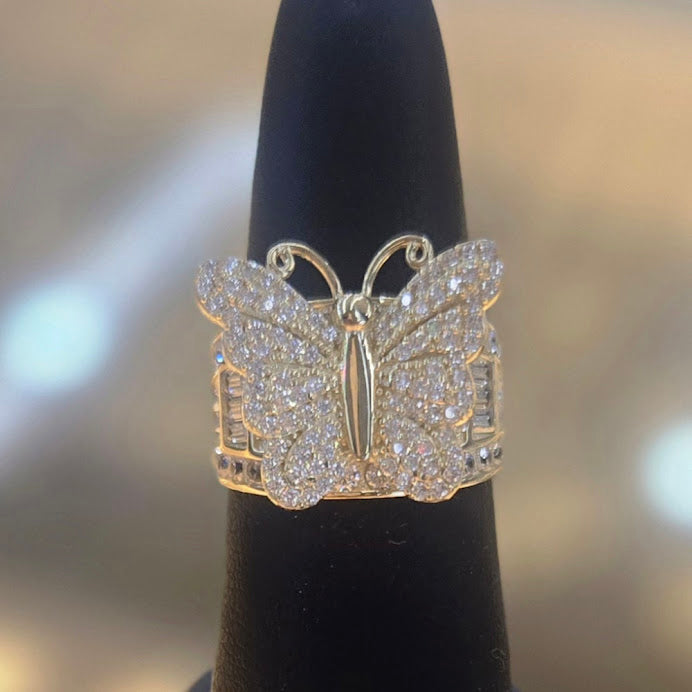 14k Gold Open Butterfly Ring with CZ White Stone, Butterfly Ring, Big Butterfly Ring, Women's Gold Ring, Shiny Gold Ring,