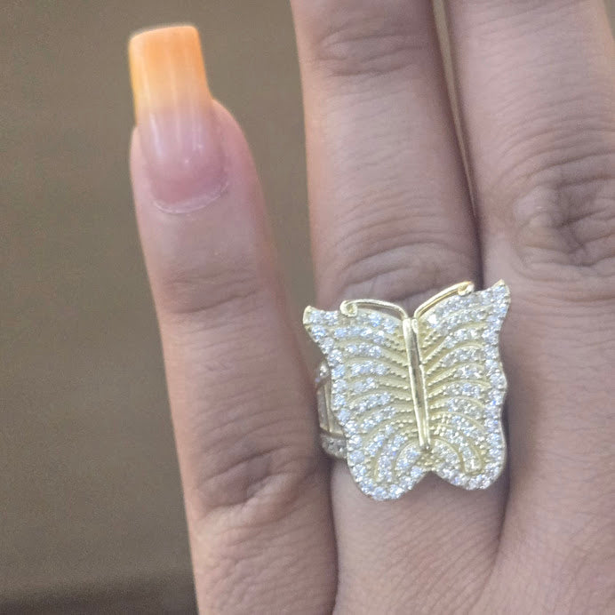 14k Gold CZ White Stone Butterfly Ring, Butterfly Ring, Big Butterfly Ring, Women's Gold Ring, Shiny Gold Ring