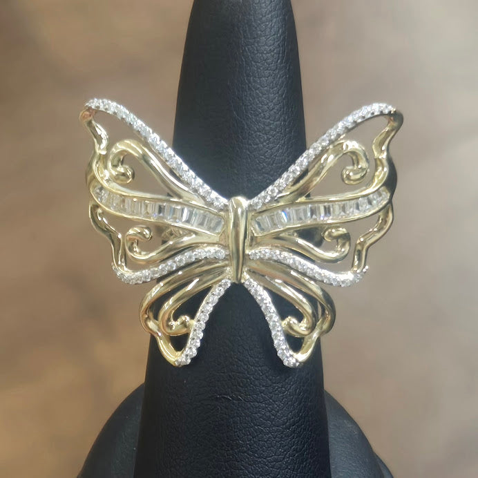 14k Gold Big Butterfly Ring, Pretty Butterfly Gold Ring with Cubic Zirconia