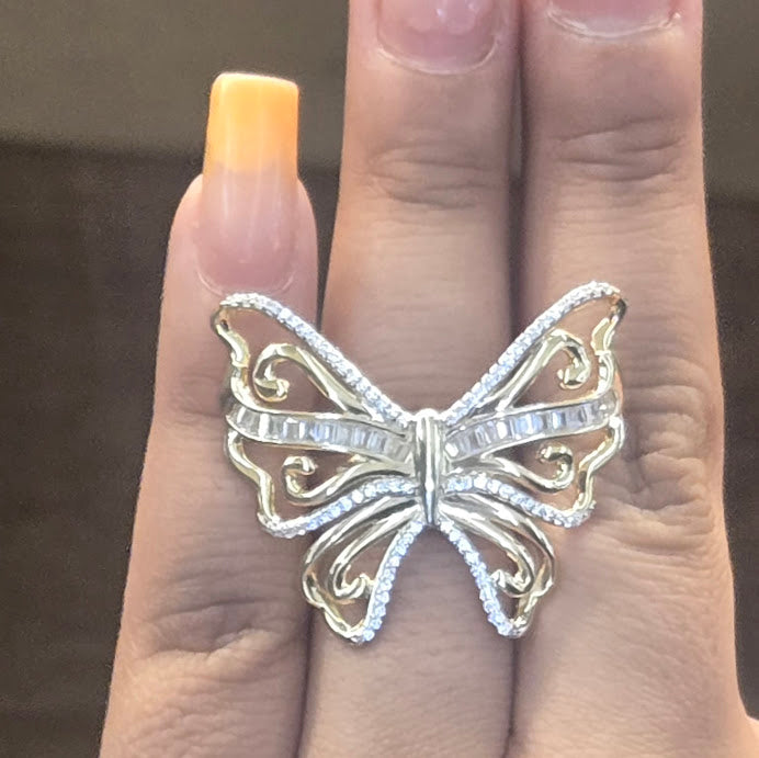 14k Gold Big Butterfly Ring, Pretty Butterfly Gold Ring with Cubic Zirconia