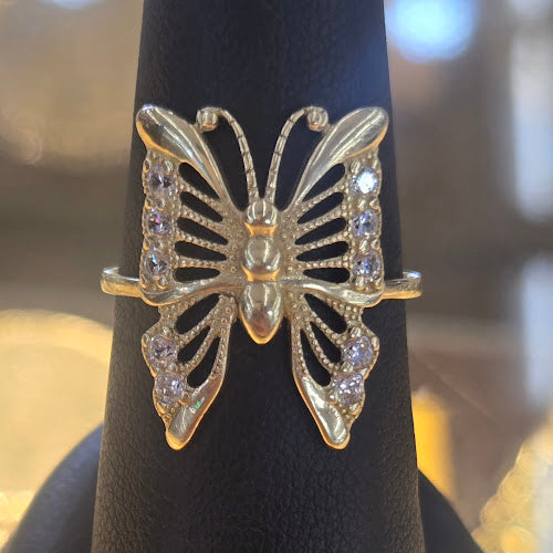 14k Gold CZ Stone Long Butterfly Ring