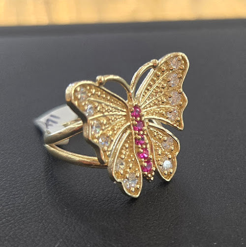 14k Gold with Pink CZ Stone Butterfly Ring