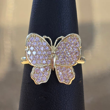 10k Gold Pink Stone Butterfly Ring, Pink Butterfly Ring, Women's Gold Ring, Shiny Gold Ring, Pink CZ Stone Butterfly Ring