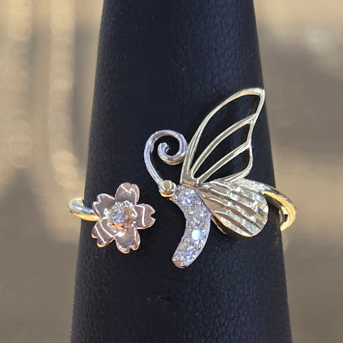 14k Gold Butterfly with Rose Flower Ring