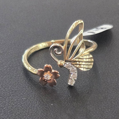 14k Gold Butterfly with Rose Flower Ring