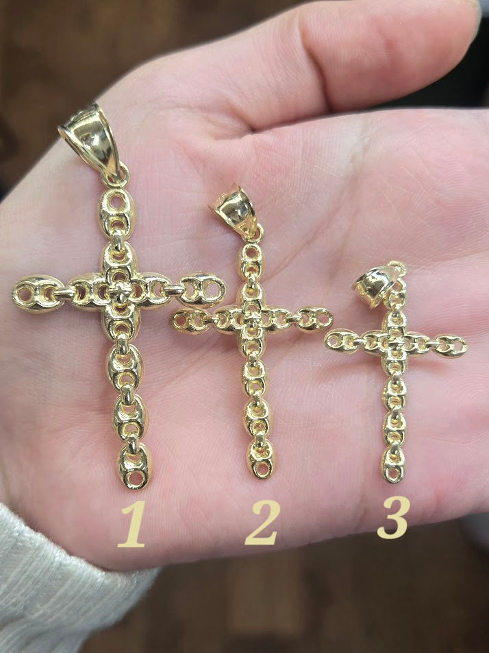 10k Gold Puffed Mariner Link Style Cross Pendant