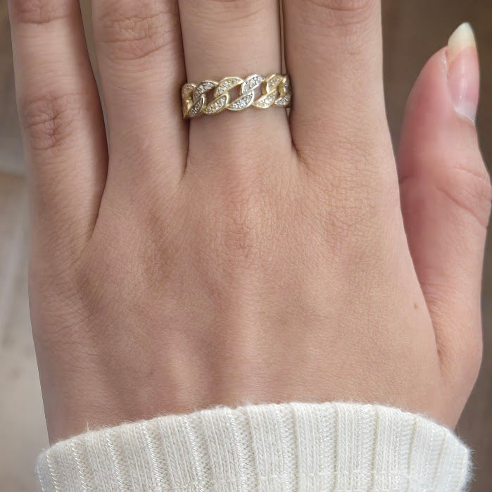 10k Gold Cuban Link CZ Stone Ring, Link Style Two Tone Gold Ring, Gold Curb Ring, Unisex Ring, Gold Chain Ring, Band Ring