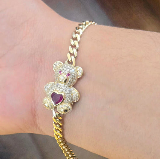 14k Gold Teddy Bear Bracelet, 14k Gold Monaco Link Bracelet, Women's Gold Bracelet, Design Bracelet, CZ Red Birthstone, Gold Bear Bracelet