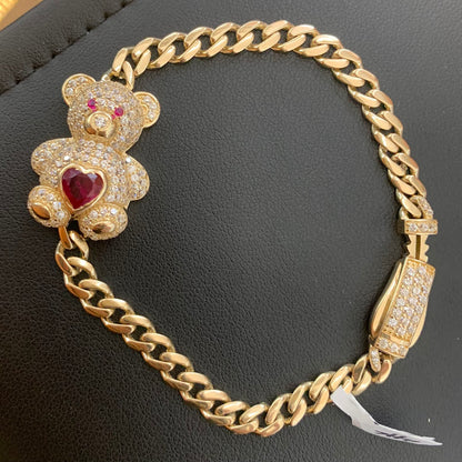 14k Gold Teddy Bear Bracelet, 14k Gold Monaco Link Bracelet, Women's Gold Bracelet, Design Bracelet, CZ Red Birthstone, Gold Bear Bracelet