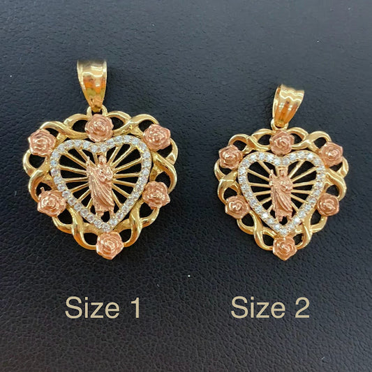 14k Gold San Judas Heart Pendant with Roses , Saint Jude Pendant, Heart San Judas Charm, Religious Gold Pendants, Yellow &Rose Gold with CZ Stones