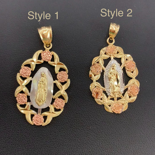 14k Gold Virgin Mary Roses Pendant, Mary Gold Pendant, Gold Oval Virgin Mary Charm, Religious Gold Pendants, Yellow , White , Rose Gold with CZ Stones