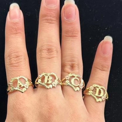 10k Gold Women's Flower Heart Initial Ring, 10k Gold Initial Alphabet Ring, Name Initial Ring, Letter Ring, Rose Gold Flower, Love GoldRing