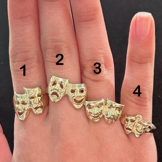 10k Gold Comedy Tragedy Ring, Laugh Now Cry Later, Drama Mask Ring, Theater Masks Ring, Two Face Mask Ring, Gold Ring for him, Gold Ring for her (Style 1 & 2)