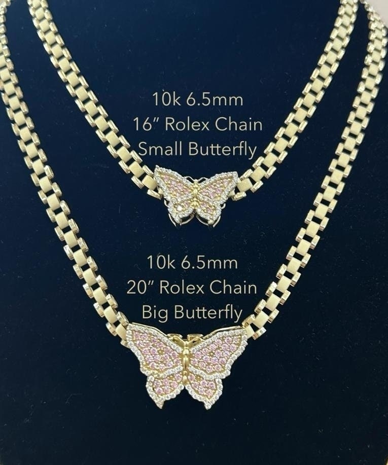 10k Gold 6.5mm  Presidential Link Chain with Butterfly Pendant, Rolly Chain, Gold Chain, Chain w/ Butterfly Gold Pendant, Gold Charm