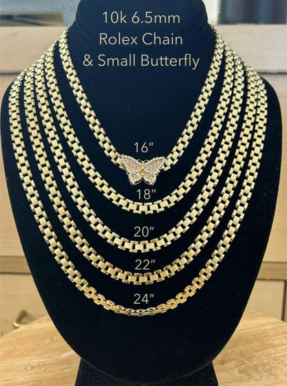 10k Gold 6.5mm  Presidential Link Chain with Butterfly Pendant, Rolly Chain, Gold Chain, Chain w/ Butterfly Gold Pendant, Gold Charm