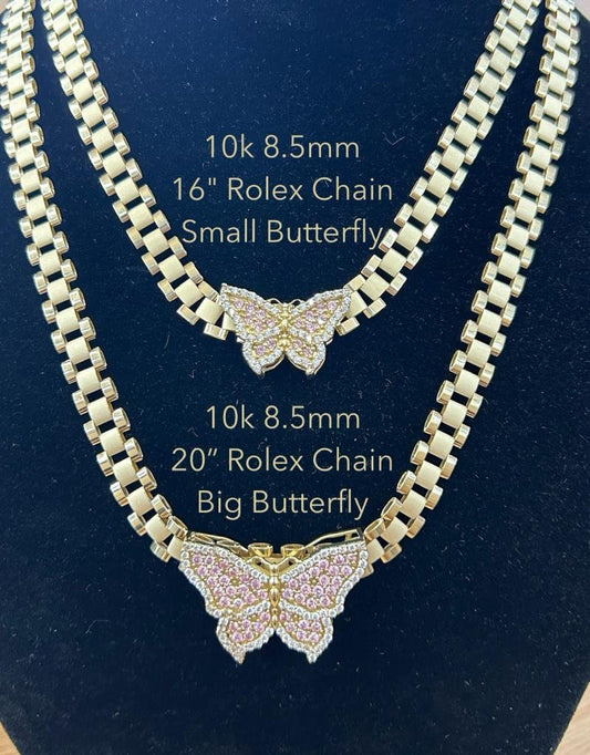 10k Gold 8.5mm Presidential Link Chain with Butterfly Pendant, Rolly Chain, Rolly Link Gold Chain, Chain w/ Butterfly Gold Pendant, Gold Chain