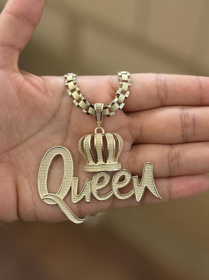 10k Yellow Gold Queen Pendant, 10k 18" Presidential link Chain with Pendant, Gold Crown Queen Pendant,Big Queen Necklace