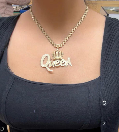 10k Yellow Gold Queen Pendant, 10k 18" Presidential link Chain with Pendant, Gold Crown Queen Pendant,Big Queen Necklace