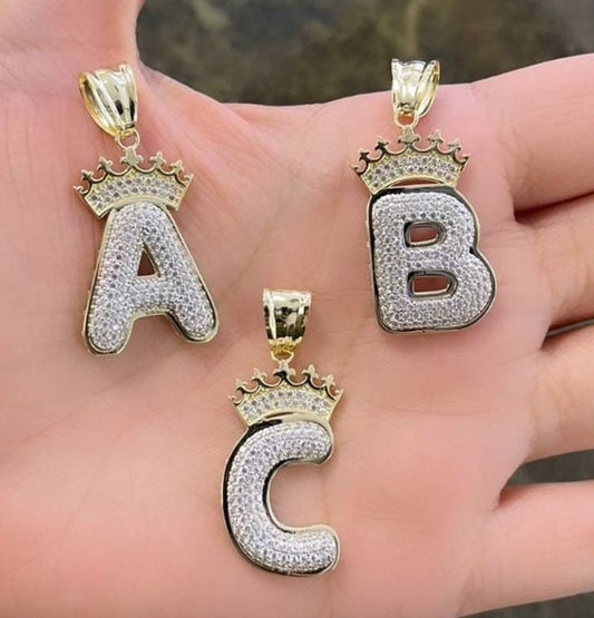 10k Gold Bubble Initial with Crown Pendant, Crown Letter Charm, Alphabet Letter Charm, Name Initial Pendant, CZ, Letter with Crown