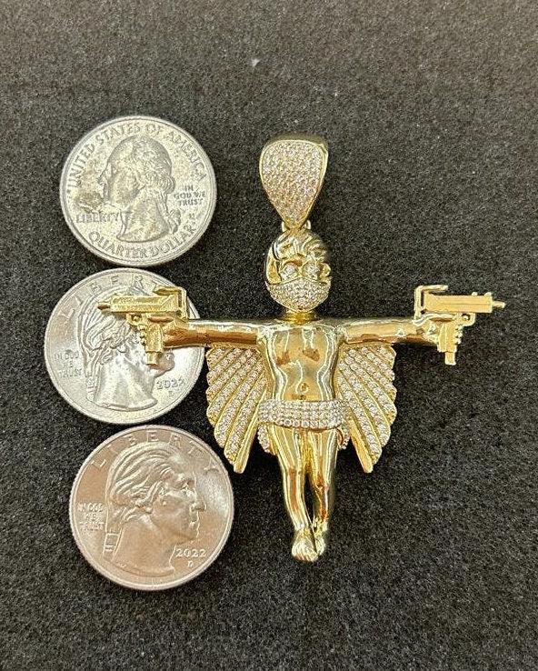 10k Gold Angel Guns Hitman Masked, Gold Angel Holding Guns, Angel Wings CZ Stone, Masked Gold Angel