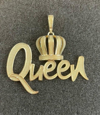 10k Yellow Gold Queen Pendant, 10k 18" Presidential link Chain with Pendant, Gold Crown Queen Pendant,Big Queen Necklace