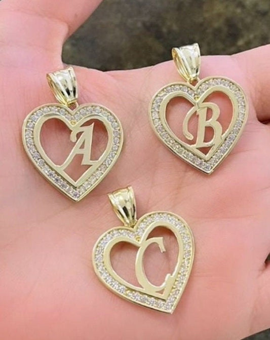 10k Gold CZ Stone Heart Initial Pendant, Heart Letter Charm, Alphabet Letter Charm, Name Initial Pendant, CZ Heart