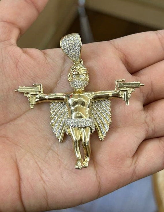 10k Gold Angel Guns Hitman Masked, Gold Angel Holding Guns, Angel Wings CZ Stone, Masked Gold Angel