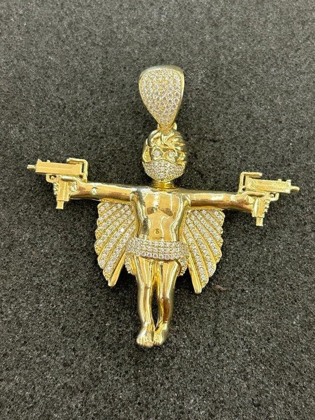 10k Gold Angel Guns Hitman Masked, Gold Angel Holding Guns, Angel Wings CZ Stone, Masked Gold Angel