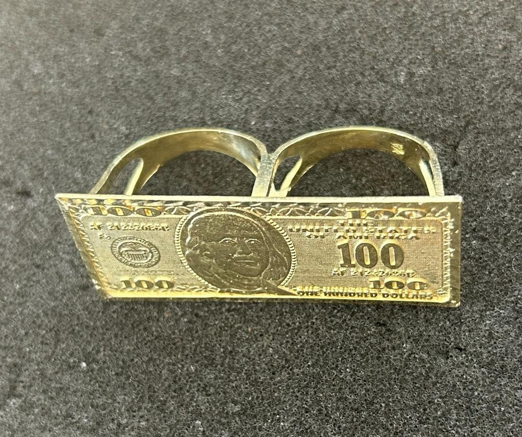 10k Gold 100 Dollar Bill Two Finger Ring, Gold 2 Finger Ring, Money Ring, Gold 100 Ring, 100 Dollars, Gold Men's Ring