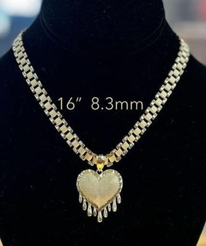 10k Gold Heart Pendant with Presidential Necklace & Matching Earrings with Ring, 10k Presidential link Chain, 10k Gold Dripping Heart Pendant Earrings