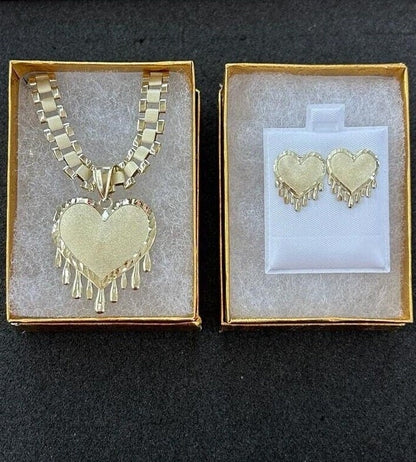 10k Gold Heart Pendant with Presidential Necklace & Matching Earrings with Ring, 10k Presidential link Chain, 10k Gold Dripping Heart Pendant Earrings