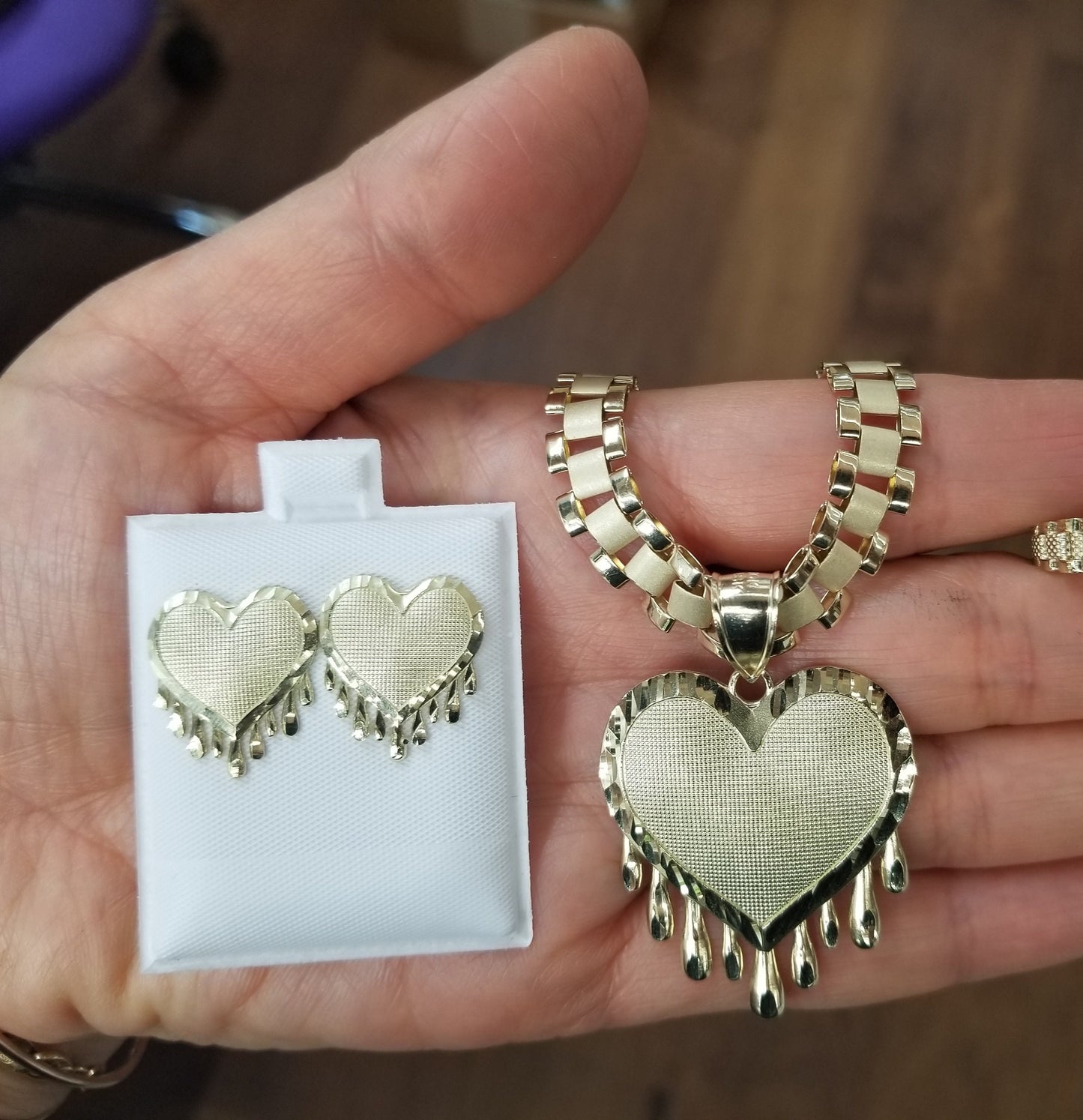 10k Gold Drippin Heart Ring, Gold Presidential Style Chain with Heart Pendant, Matching Earrings & Ring. 10k Gold Link Chain, 10k Gold Dripping Heat Pendant