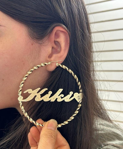 10k Twisted Hoop with Name, Big Gold Hoop, Twisted Gold Hoop Earring, Name Plate, Gold Name, Diamond Cut Finish, Heart Style, Women's Hoops