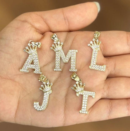 10k Gold Big Crown Initial Pendant / Charm,  Crown Letter Pendant, Alphabet Letter Charm, Name Initial Pendant, CZ, Letter with Crown