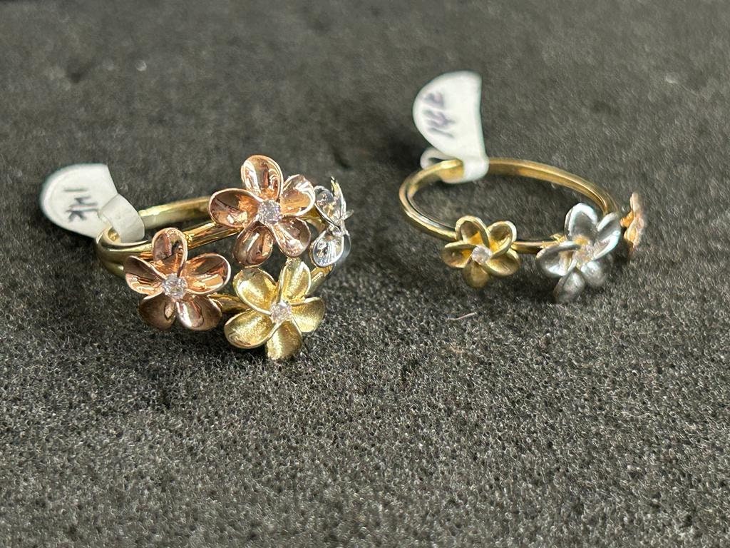 14k Tri Color Gold Flower Ring, Women's Gold Ring, CZ Stone Flower Ring, Hawaiian Plumeria Flower Ring, White and Rose Gold