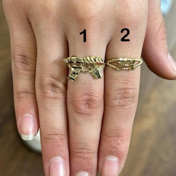 10k Gold Gun Uzi Ring, Yellow Gold Gun Ring, Women's Gold Ring, Weapon Ring, Gold Small Gun Ring, Uzi Machine Gun Ring, Diamond Cut Finish