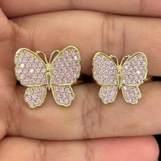 10k Gold Pink Stone Butterfly Ring, Pink Butterfly Ring, Women's Gold Ring, Shiny Gold Ring, Pink CZ Stone Butterfly Ring