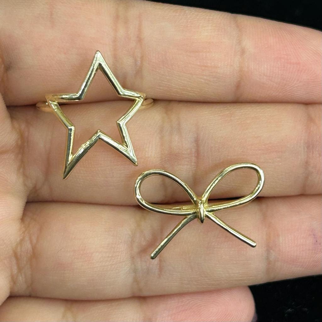 14k Gold Bow Ring, 14k Star Ring, Women's Gold Ring, Simple Bow Ring, Big Star Ring, Birthday Gift Ring, Gold Star Astronomy Ring