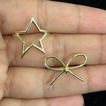 14k Gold Bow Ring, 14k Star Ring, Women's Gold Ring, Simple Bow Ring, Big Star Ring, Birthday Gift Ring, Gold Star Astronomy Ring