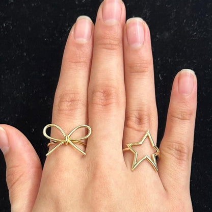 14k Gold Bow Ring, 14k Star Ring, Women's Gold Ring, Simple Bow Ring, Big Star Ring, Birthday Gift Ring, Gold Star Astronomy Ring