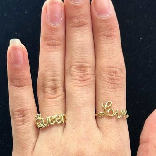 10k Gold Queen Ring, 10k Gold Love Ring, Gold Women's Ring, Queen Crown Ring, Cursive Love Letter Ring, Promise Ring, Simple Gold Ring