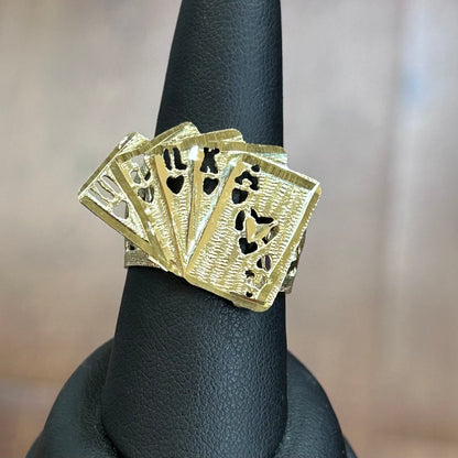 10k Gold Playing Cards Ring, Gold Men's Ring, Ace Ring, Birthday Ring Gift, Unisex Ring, Royal Flush of Hearts Ring, King of Spades, Poker