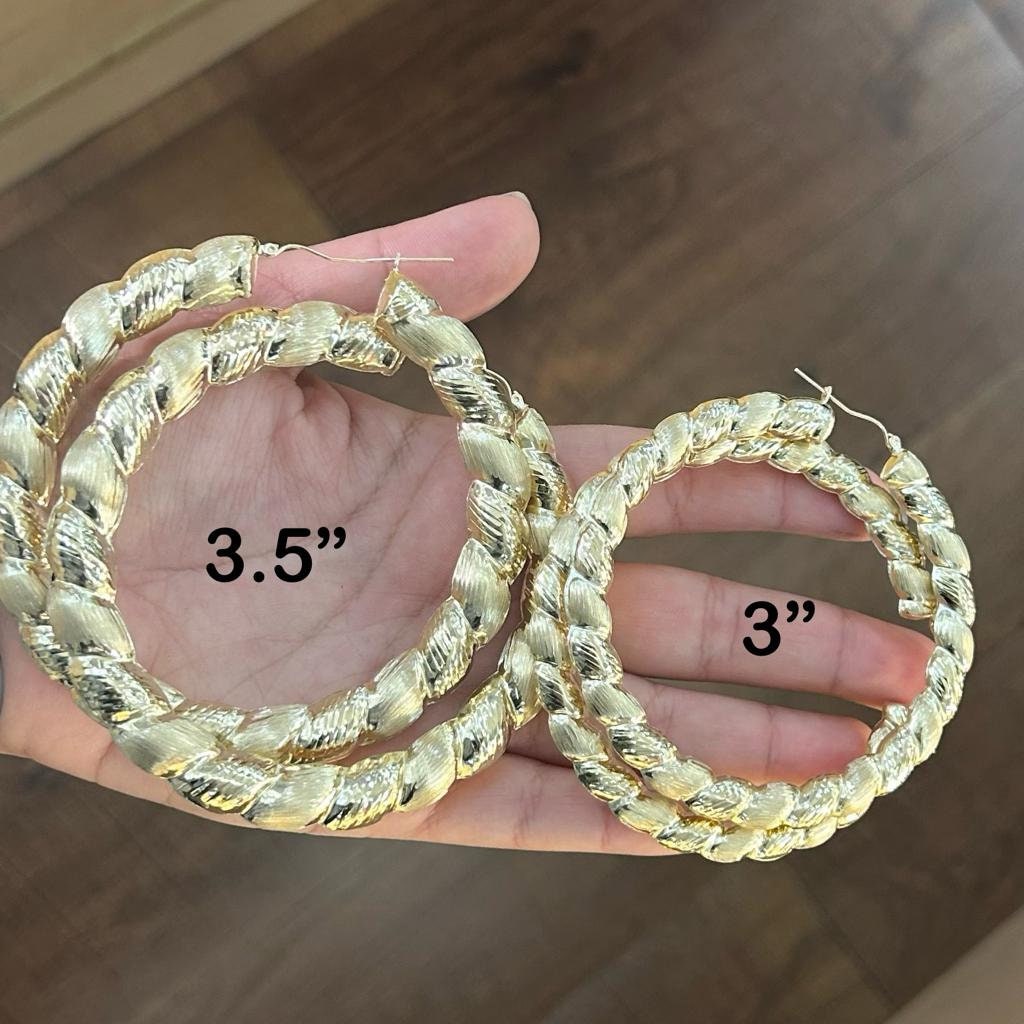 10k Yellow Gold Diamond Cut Twisted  Round Hoops, Textured Graduated Hoops, Big Hoops, Small Hoops, Medium Hoops, Gold Earrings